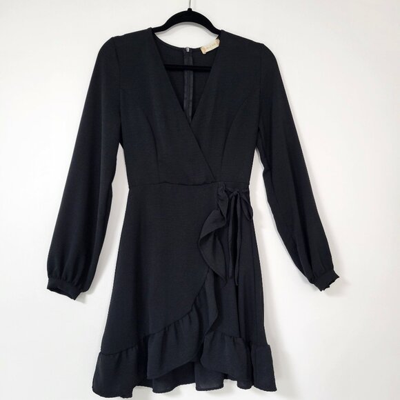 Altar’d State Faux Wrap Style Mini Dress Black Ruffled V-Neck - Picture 2 of 9
